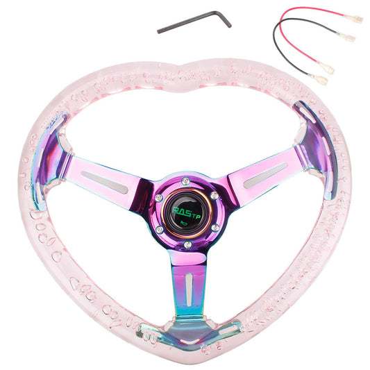 RASTP Universal 14 inch Heart Shaped White ABS Racing Steering Wheel Chrome Spoke - RASTP