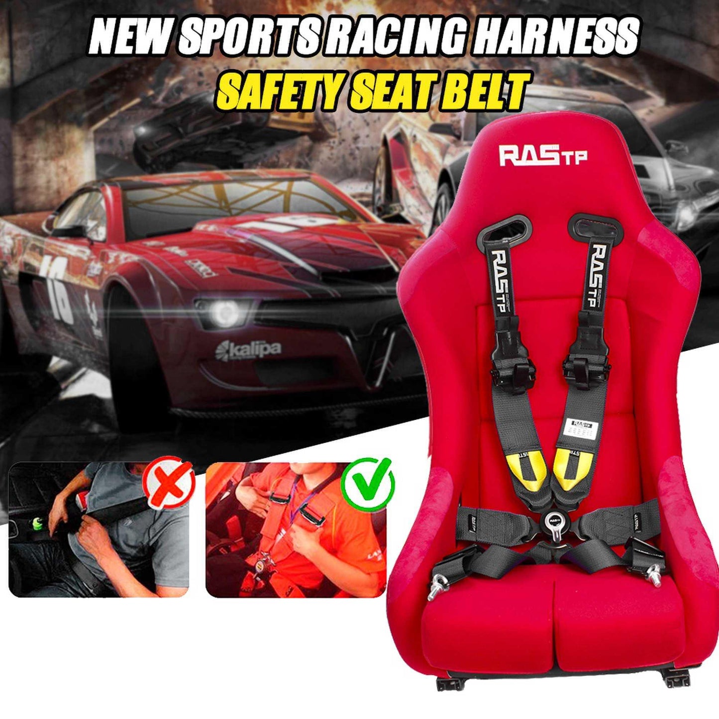 RASTP 6 Point Harness with Ultra Comfort Heavy Duty Shoulder Pads Auto Racing Polyester Fibre Harness Set - RASTP