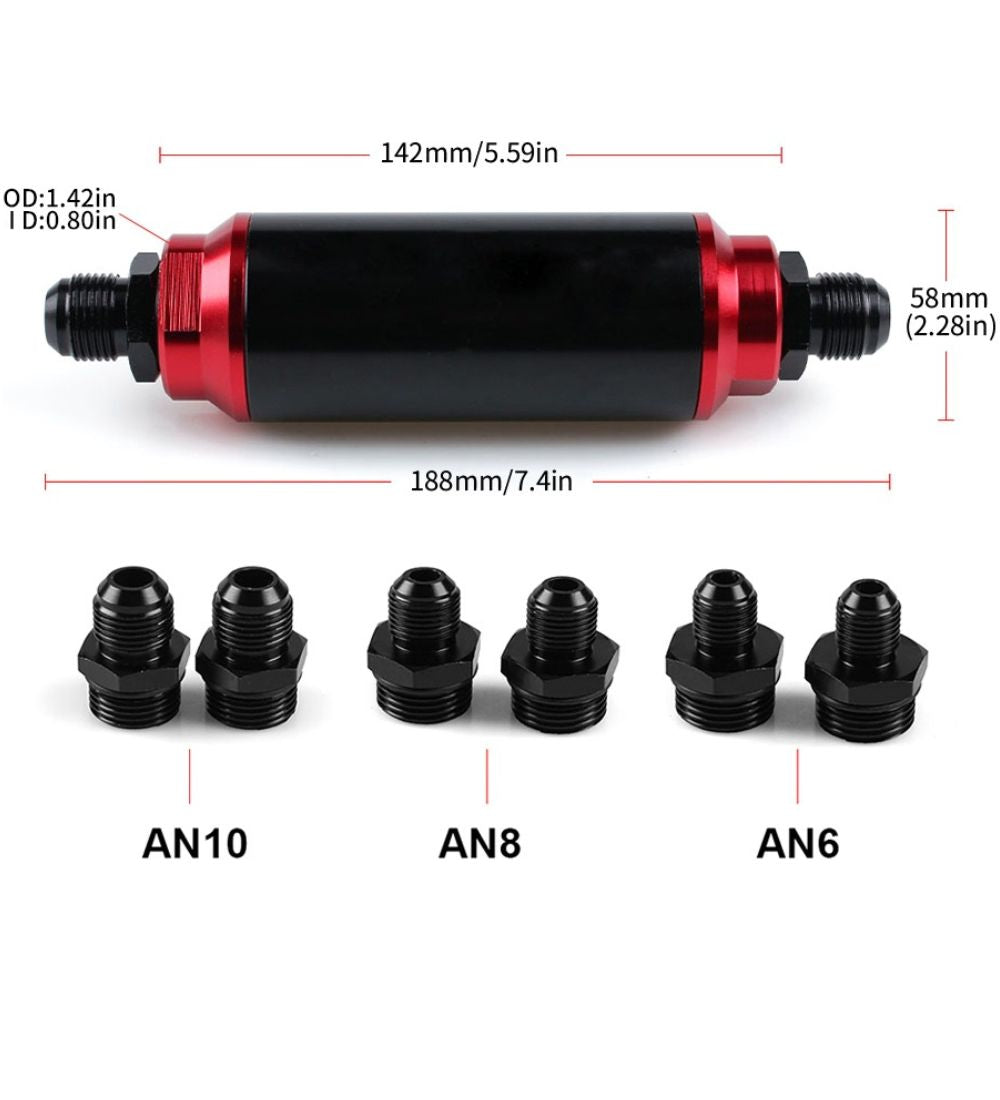 RASTP Inline Fuel Filter 60 Micron with 6AN 8AN 10AN Adapter Universal 44MM