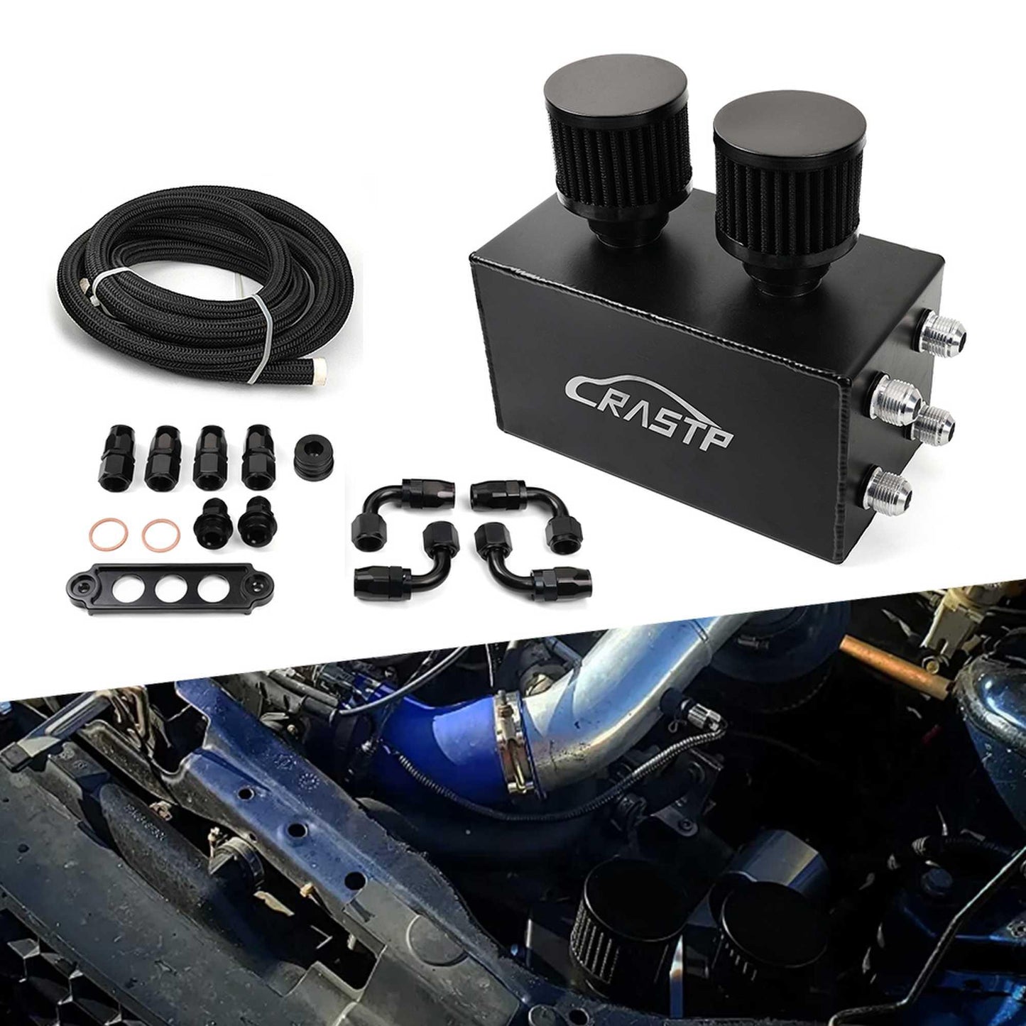 RASTP 2L Aluminum Oil Catch Can Breather Tank with 3M AN10 Fuel Hoses + Fitting Battery Tie Down for Honda Civic Integra EK EG DC - RASTP