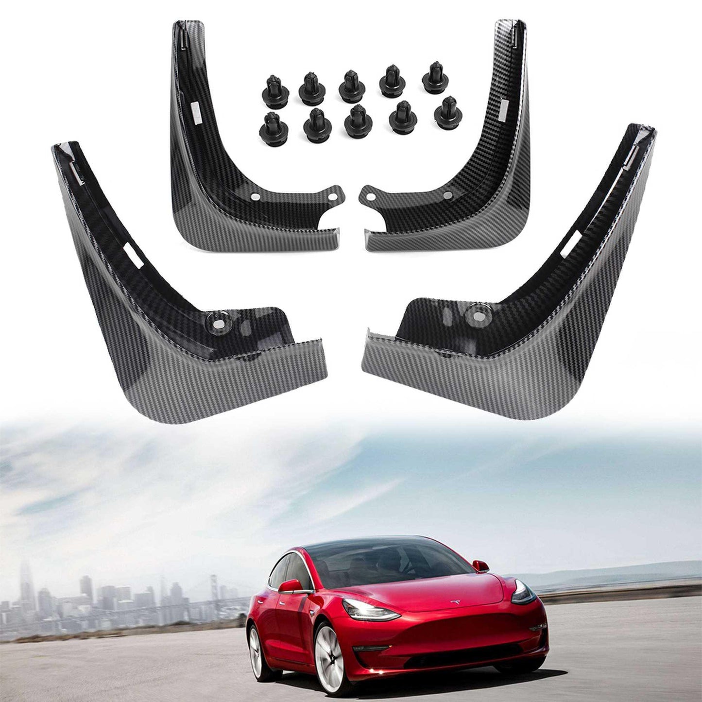 RASTP Carbon Fiber Car Mud Flaps Splash Guard Fender Mudguard for Tesla 17-21 Model 3 - RASTP