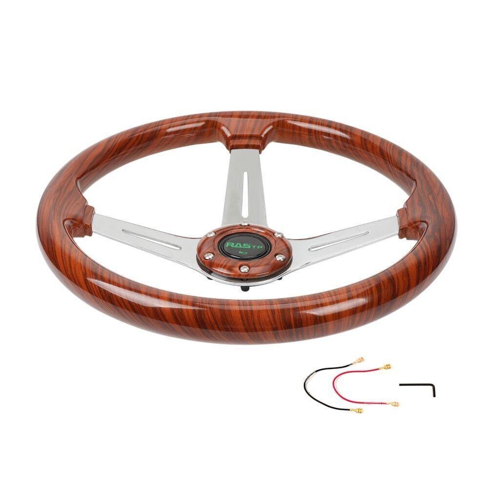 RASTP 14 Inch Classic Wood Grain Steering Wheel Chrome Spoke with Horn