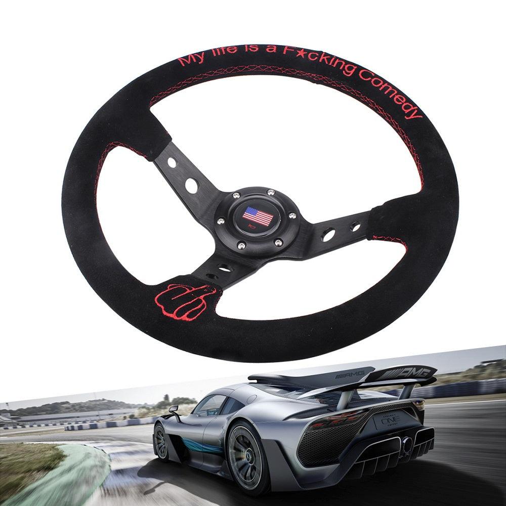 RASTP Universal 14 inch 350mm Steering Wheel 95mm Deep Dish Suede Wrap 6 Bolts for Racing Motor Boat Truck Yacht - RASTP