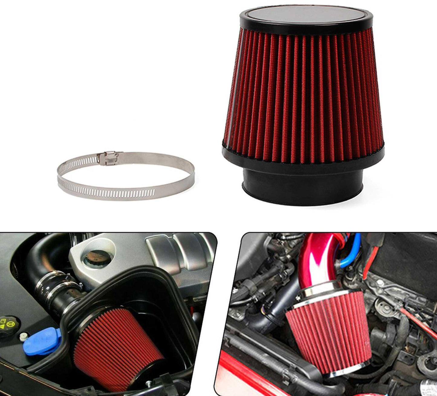 RASTP Universal 76mm Stainless Steel High Power Flow Cold Air Filter Car Round Cone Air Intake Filter Induction Kit - RASTP