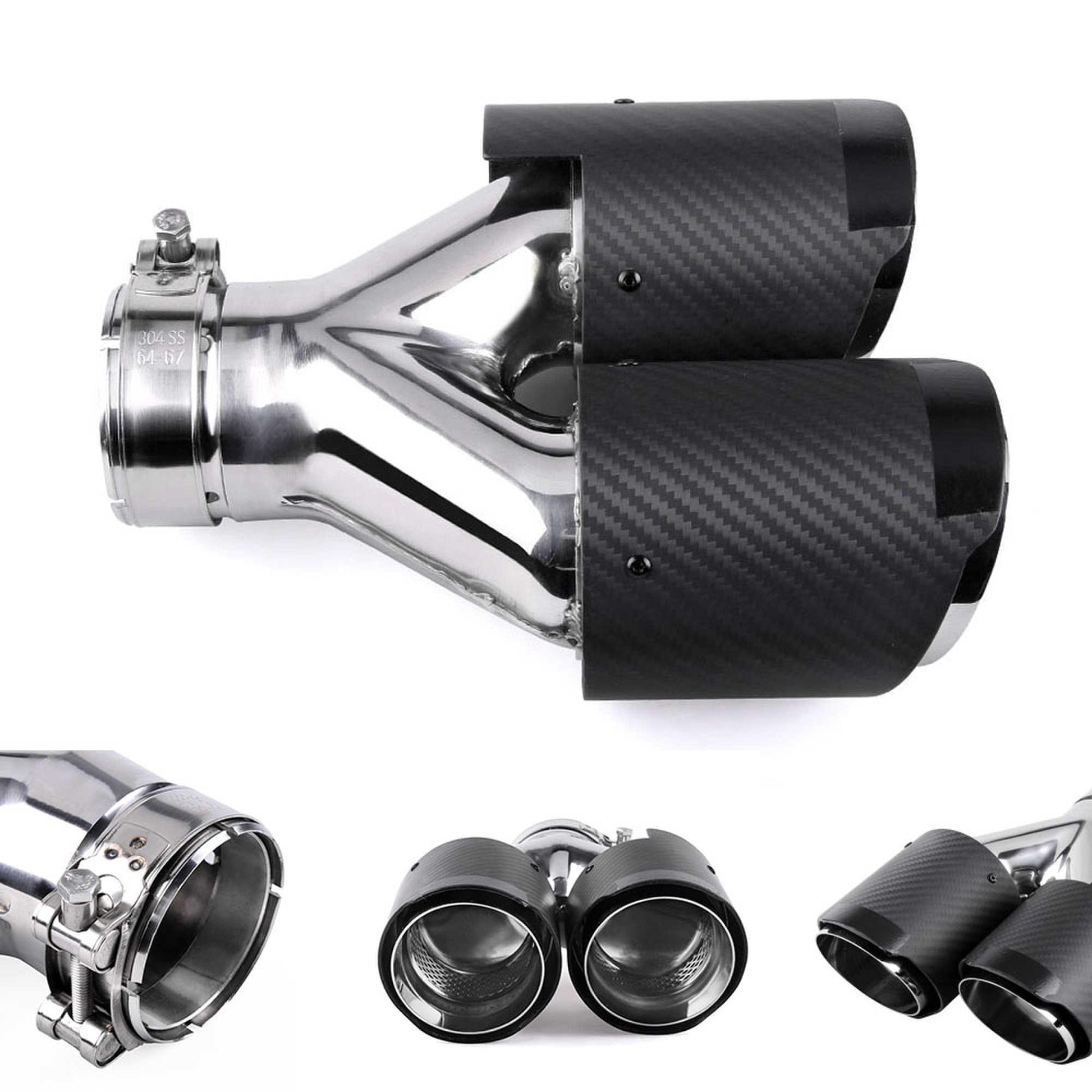 RASTP Universal Carbon Fiber Dual Exhaust Tip Double End Pipe Inlet 63mm Exhaust Tips for Volkswagen BMW Porsche - RASTP