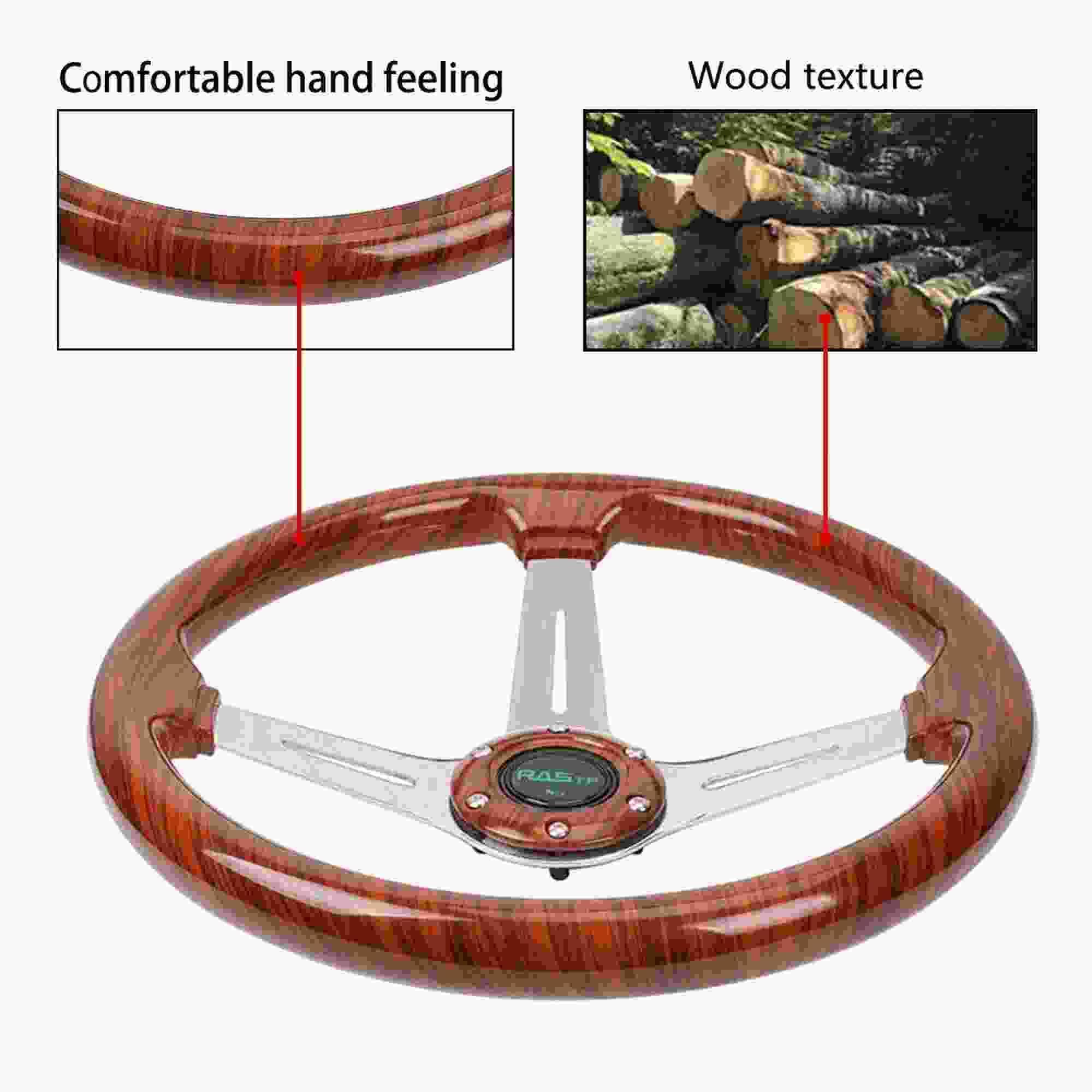 RASTP 14 Inch Classic Wood Grain Steering Wheel Chrome Spoke with Horn