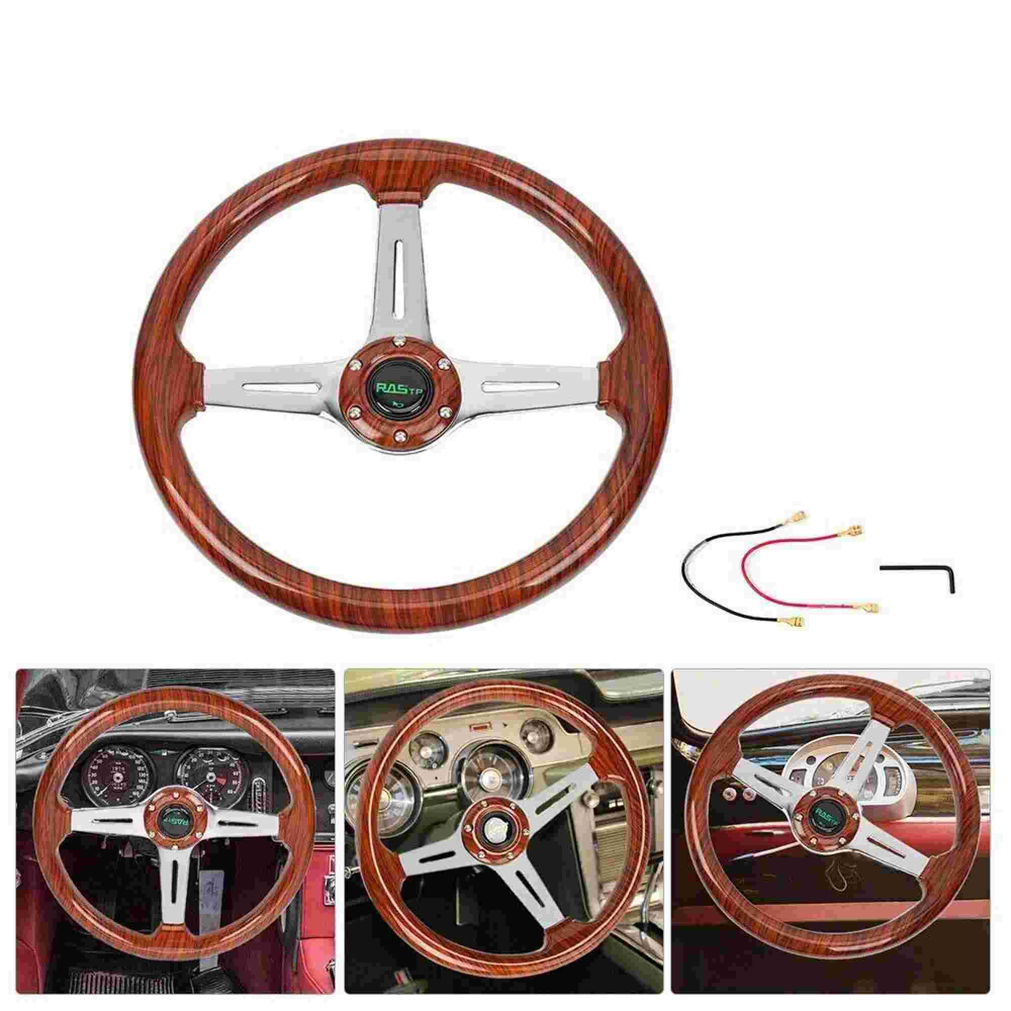 RASTP 14 Inch Classic Wood Grain Steering Wheel Chrome Spoke with Horn