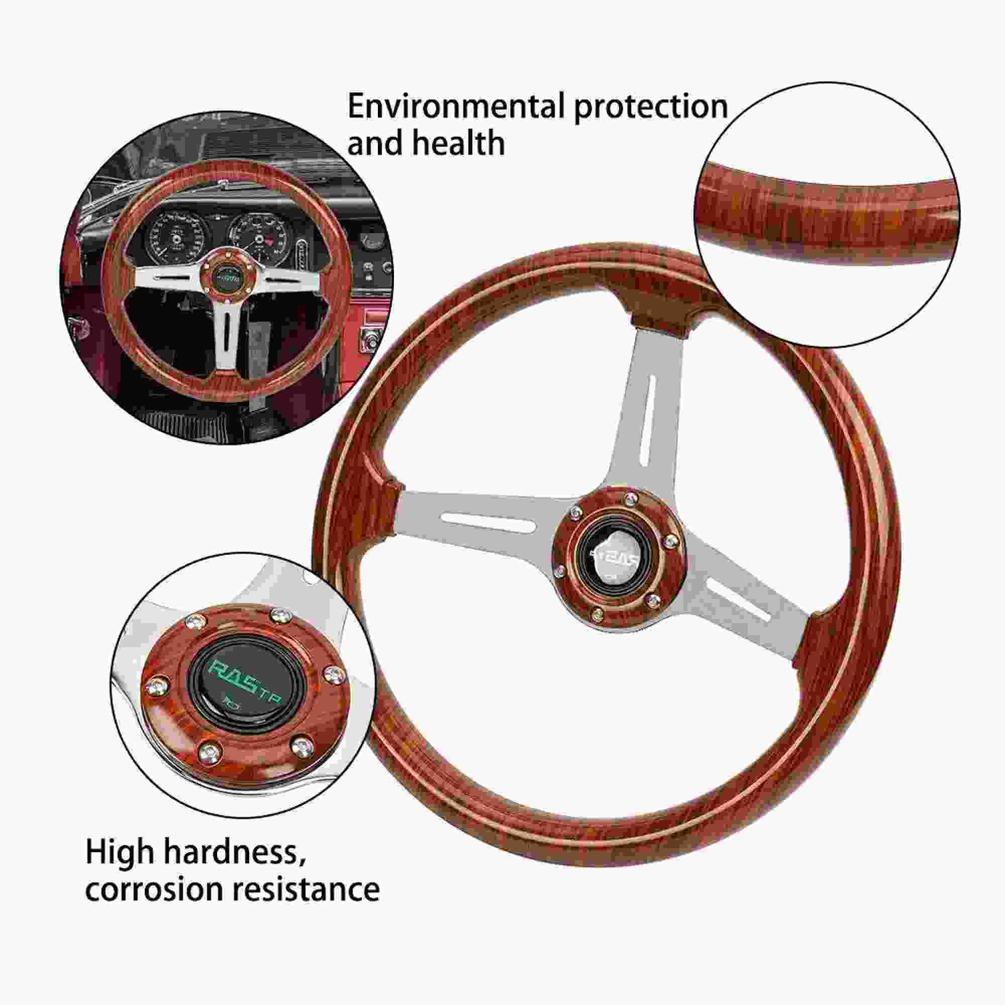 ウッド クローム ステアリング RASTP 14 Inch Classic Wood Grain Steering Wheel Chrome Spoke with Horn