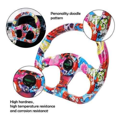 RASTP Universal 13 inch Racing Graffiti Pattern Flat Steering Wheel D Shape 6 Holes - RASTP