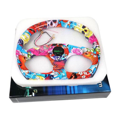 RASTP Universal 13 inch Racing Graffiti Pattern Flat Steering Wheel D Shape 6 Holes - RASTP