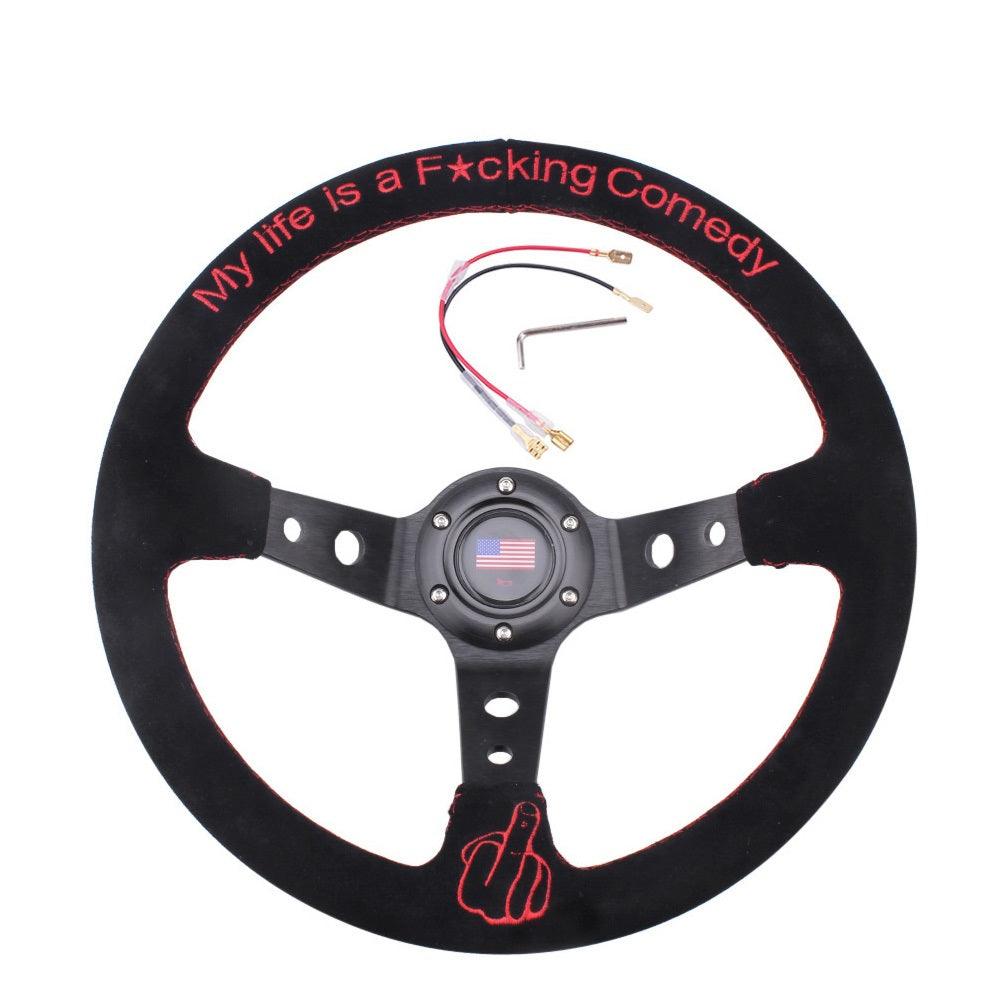 RASTP Universal 14 inch 350mm Steering Wheel 95mm Deep Dish Suede Wrap 6 Bolts for Racing Motor Boat Truck Yacht - RASTP