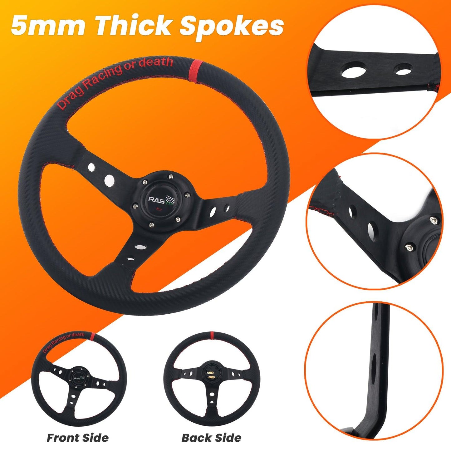 RASTP Universal 14 inch 345mm Steering Wheel Carbon Fiber Leather 95mm Deep Dish 6 Bolt - RASTP